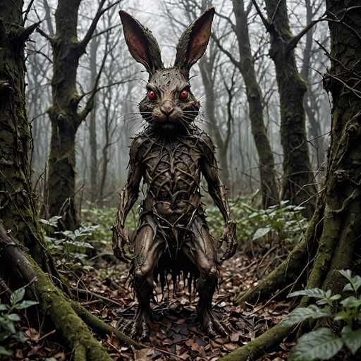 In this eerie and atmospheric image, a menacing rabbit-like creature stands ominously in the middle of a dense forest. The creature's body is covered in a dark, metallic substance that resembles rusted metal, giving it a sinister and otherworldly appearance. Its eyes are glowing red, adding to the unsettling aura, while its long whiskers and tall, pointed ears give it an uncanny resemblance to a giant rabbit. The forest around it is thick with trees, their branches bare and covered in moss, creating a gloomy and foreboding backdrop. The ground is littered with brown leaves, further enhancing the autumnal or winter setting. The creature's posture is aggressive, with its hands clenched into fists and its feet spread apart, as if ready to pounce. The overall scene is shrouded in a misty fog, adding to the mysterious and sinister atmosphere of the image.