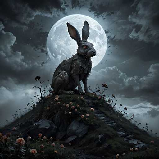 The image depicts a hauntingly beautiful scene of a large, gray rabbit with long, pointy ears and striking orange eyes, sitting atop a small hill. The rabbit's fur appears matted and dirty, adding to its eerie presence. The hill is covered in a mix of green grass and scattered pink flowers, with some plants appearing dried and lifeless. A stone pathway winds up the hill, leading to the rabbit. The night sky is filled with dark, gray clouds, partially obscuring a full moon that casts a soft glow over the scene. The moon's craters are visible, enhancing the mysterious atmosphere. In the background, birds can be seen flying, adding to the overall sense of desolation and otherworldliness. The image is a detailed and atmospheric piece of art, possibly AI-generated, capturing a surreal and slightly unsettling moment.