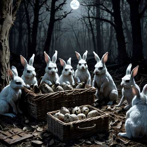 The image depicts six white rabbits sitting on a bed of leaves and hay, with their heads resting comfortably on the ground. The rabbits are arranged in two rows, with three in each row facing different directions. In front of them is an open basket filled with eggs, suggesting that they may have been gathered for a meal or celebration.