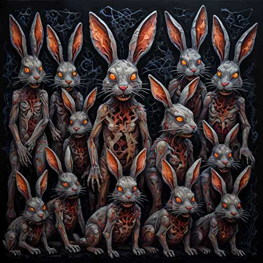 The image depicts a group of approximately 12 to 15 humanoid creatures with the heads of rabbits, set against a dark, black background. These creatures, which appear to be computer-generated or from a video game, have grayish-brown skin with orange eyes and prominent, long ears. Their bodies are a mix of human and rabbit features, with some displaying exposed internal organs, particularly in their chests and bellies. The creatures are arranged in a circular formation, with some standing and others sitting, all facing the viewer. The background features intricate, light blue, web-like patterns that add a mystical or otherworldly atmosphere to the scene.