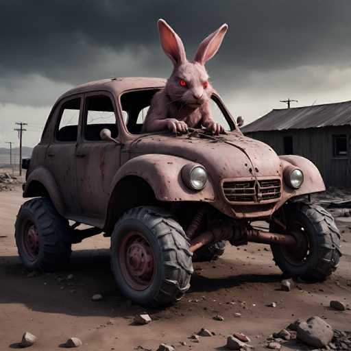 A rusty, heavily modified Volkswagen Beetle with oversized off-road tires is parked in a desolate, dusty landscape under a dark, cloudy sky. A large, pink rabbit with glowing red eyes is perched on the hood of the car, looking directly at the viewer. The car's body is weathered and appears to be covered in dirt, suggesting it has been driven through rough terrain. The background features a dilapidated wooden shack and power lines in the distance, further emphasizing the post-apocalyptic or desolate setting. The overall lighting is dim and atmospheric, with a sense of isolation and perhaps a touch of surrealism.