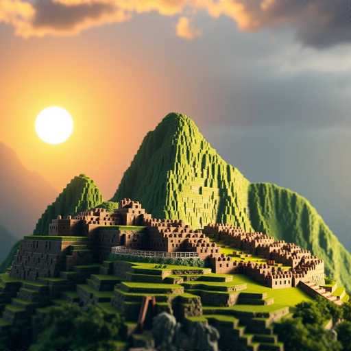 This image depicts a highly detailed, computer-generated scene of an ancient city built into the side of a mountain. The city features numerous terraced levels, with the lower terraces covered in lush green grass and the upper terraces housing stone buildings. These structures, which appear to be made of brown stone, are arranged in a terraced fashion, creating a visually striking cityscape. The mountain itself is covered in vibrant green grass, adding to the natural beauty of the scene. In the background, a large, bright yellow sun is visible, casting a warm glow over the entire landscape. The sky is filled with clouds, some of which are tinged with orange hues, suggesting either a sunrise or sunset. The overall image is very clear and detailed, showcasing the intricate design of this ancient city nestled within the mountain.