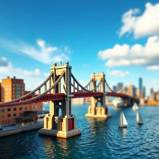 The image depicts a detailed, computer-generated model of a bridge reminiscent of the Brooklyn Bridge, constructed from what appears to be plastic or Lego-like bricks. The bridge features a prominent red door at its base and is supported by two large, rectangular concrete blocks. The structure includes a red metal section with X-shaped designs, from which the bridge's cables extend. The bridge spans a body of water, with two sailboats visible in the foreground. To the left, a large orange building stands prominently, while the background reveals a city skyline with tall buildings. The sky is a clear blue with scattered white clouds, adding to the overall serene and picturesque scene.