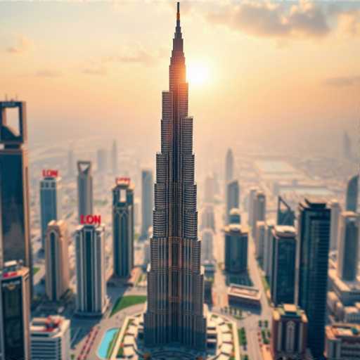 This image showcases a stunning, futuristic cityscape dominated by an imposing, central skyscraper. The towering structure, reminiscent of the Burj Khalifa, features a sleek, tapering design that culminates in a pointed spire. The skyscraper is adorned with numerous windows and is set amidst a verdant park, complete with a small pond and a road that encircles the base. Surrounding this central marvel are several other high-rise buildings, each contributing to the city's modern skyline. The backdrop reveals a hazy, orange-tinged sky, suggesting either a sunrise or a sunset, with clouds adding to the atmospheric depth. The overall scene is a harmonious blend of urban architecture and natural elements, capturing the essence of a thriving, futuristic metropolis.