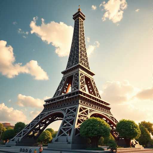 This image depicts a detailed, computer-generated rendering of the Eiffel Tower. The iconic structure is prominently featured, showcasing its intricate metal framework and distinctive silhouette. The rendering captures the tower's base, which is surrounded by a series of trees, adding a touch of greenery to the urban scene. The sky above is a clear blue, dotted with a few clouds, and the sun is visible, casting a warm glow over the scene. The overall composition highlights the Eiffel Tower's grandeur and its harmonious integration with the surrounding environment.