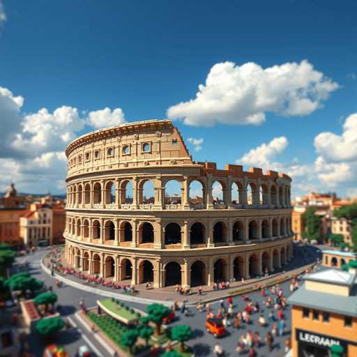 This image depicts a detailed miniature model of the Colosseum in Rome, meticulously crafted to capture its iconic features. The model showcases the Colosseum's three distinct levels, each adorned with numerous archways. The top level is distinguished by a series of windows, while the middle and bottom levels feature open archways. The model is set against a backdrop of a blue sky dotted with clouds, enhancing its realism. Surrounding the Colosseum are miniature trees and a road, populated with tiny toy cars and people, adding to the scene's lively atmosphere. In the background, additional buildings are visible, completing this intricate and charming representation of the ancient Roman landmark.