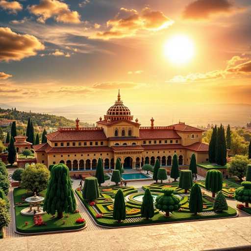 A stunning, AI-generated image depicts a grand, mansion-like building with a distinct architectural style reminiscent of Indian design. The structure features a prominent central dome, flanked by two smaller domes on either side, all adorned with intricate, ornate details. The building's exterior is a warm yellow hue, complemented by a striking red roof. 

In the foreground, meticulously manicured gardens showcase an array of topiaries, including a central tree shaped like a heart, surrounded by other heart-shaped and circular bushes. The garden also includes a small fountain and a swimming pool, adding to the opulent ambiance. 

The background reveals a picturesque landscape with rolling hills, dotted with additional buildings and trees, under a sky painted in the soft, golden hues of either sunrise or sunset. The sun itself is visible, casting a warm glow over the entire scene. Despite the image's overall realism, closer inspection reveals subtle inconsistencies, such as slightly blurred or misshapen elements, particularly in the trees, hinting at its AI-generated origins.