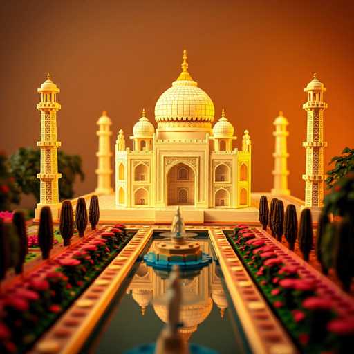This image showcases a meticulously crafted Lego model of the iconic Taj Mahal. The grand structure is rendered in a light yellow hue, capturing the essence of the original monument's elegance. The Taj Mahal's distinctive features are all present, including its large central dome flanked by two smaller domes, and the intricate archway at the front. The model is set against a warm orange background, enhancing the visual appeal.

In the foreground, a rectangular pool of water reflects the Taj Mahal, adding a serene element to the scene. Surrounding the pool are lush green bushes adorned with vibrant red flowers, creating a picturesque garden setting. Tall, slender cacti line the sides of the pool, adding a touch of desert flora to the composition. The entire Lego model is displayed on a table, with the background slightly blurred, drawing focus to the intricate details of this beautiful Lego Taj Mahal.