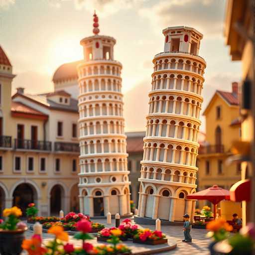 This image depicts a detailed 3D model of the iconic Leaning Tower of Pisa, set against a backdrop of a vibrant cityscape. The scene is bathed in the warm glow of a setting sun, casting a golden hue across the sky. Surrounding the base of the tower are charming buildings, each adorned with colorful flower pots brimming with vibrant blooms. A small figurine of a man can be seen standing nearby, adding a touch of life to the scene. The entire composition is rendered in a palette of rich browns, oranges, and yellows, enhancing the warm and inviting atmosphere of this picturesque setting.