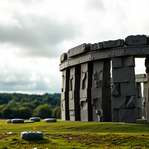 The image depicts a surreal and enigmatic scene that appears to be AI-generated. At the center of the composition stands a structure reminiscent of Stonehenge, but with a distinctly modern twist. The stones, which are meticulously stacked, form a circular arrangement with a flat top, creating a ring-like formation. However, the stones themselves are unlike any found in nature; they are perfectly cut and shaped, with a smooth, almost plastic-like appearance that defies the usual texture of ancient stone.

In the foreground, a solitary stone lies on the ground, featuring an unusual pattern of three holes along its top edge. This stone, too, seems out of place and adds to the overall sense of artificiality. The grass beneath the structure is a vibrant green, contrasting sharply with the stones and enhancing the surreal atmosphere.

The background is filled with lush, green trees that appear somewhat blurred, adding depth to the image. Above, the sky is a mix of blue and white, with clouds that seem to be both realistic and slightly out of focus, contributing to the dreamlike quality of the scene.

Overall, the image presents a striking juxtaposition of ancient and futuristic elements, creating a visually intriguing and thought-provoking piece that challenges the viewer's perception of reality.