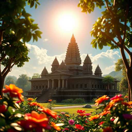 This image depicts a grand, ancient temple with a distinctly Asian architectural style. The temple is constructed from dark gray stone and features a series of intricate, pointed spires that rise majestically towards the sky. The central spire is the tallest, flanked by progressively shorter spires on either side, creating a harmonious and symmetrical silhouette.

The temple's facade is adorned with numerous pillars, adding to its imposing and majestic appearance. A wide staircase leads up to the main entrance, inviting visitors to ascend and explore the structure's grandeur. The surrounding landscape is lush and vibrant, with a variety of colorful flowers in shades of orange, pink, and red, interspersed with verdant green grass.

In the foreground, trees with dark brown trunks and dense green foliage frame the scene, adding depth and a sense of enclosure. The sky above is a brilliant blue, dotted with fluffy white clouds, and the sun shines brightly, casting a warm glow over the entire scene. This combination of natural beauty and architectural splendor creates a captivating and serene atmosphere.