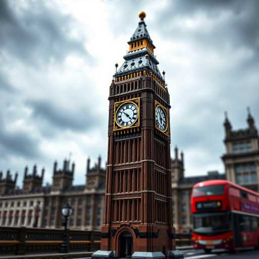 This image depicts a detailed miniature model of Big Ben, the iconic clock tower in London. The model is meticulously crafted, capturing the intricate architectural features of the tower. The clock face is prominently displayed, showcasing Roman numerals and black hands, with a gold border accentuating its elegance. The tower itself is brown, adorned with gold trim and black windows, leading up to a pointed top that culminates in a gold ball.

In the background, a red double-decker bus is visible, adding a touch of authenticity to the scene. The bus features a purple banner on its side, though the text is not legible. Surrounding the Big Ben model are several buildings, each with its own unique characteristics. One building has a tan facade with a black roof, while another features a brown exterior with a black roof and decorative spires. A third building, also brown with a black roof, has a distinctive spire on its left side.

The sky above is overcast, filled with gray clouds, creating a moody atmosphere. The entire scene is set on a gray surface, possibly a table or platform, enhancing the miniature's display. The level of detail in this model is impressive, capturing the essence of London's historic architecture and urban landscape.