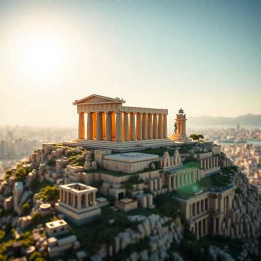 This image depicts a detailed 3D rendering of the Acropolis of Athens, prominently featuring the Parthenon at its center. The Parthenon, with its iconic Doric columns and pediment, stands majestically atop a hill, surrounded by other classical Greek structures. The scene is bathed in warm sunlight, casting a golden glow on the ancient stone buildings. In the background, a modern cityscape is visible, juxtaposing the ancient and contemporary elements. The sky is a clear blue, with the sun positioned in the upper left corner, enhancing the overall brightness and clarity of the rendering. The image is crisp and well-lit, showcasing the architectural beauty of the Acropolis in a serene and picturesque setting.