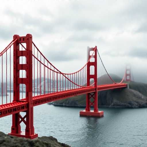 A stunning photograph captures the iconic Golden Gate Bridge in San Francisco, California, on a misty, overcast day. The bridge's vibrant red structure stands out against the gray sky, with its distinctive suspension cables and tall, square-topped towers clearly visible. The water below is a deep blue, reflecting the bridge's image and adding to the serene atmosphere. In the background, the cityscape is partially obscured by the fog, with hints of buildings and hills emerging through the haze. The foreground features rocky terrain, adding texture to the scene. The overall composition beautifully showcases the bridge's grandeur and the surrounding natural beauty, making it a quintessential representation of San Francisco's iconic landmark.