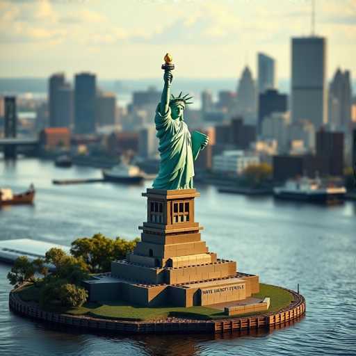 This image depicts a detailed Lego model of the Statue of Liberty situated on a small, circular island surrounded by water. The island features a grassy area with trees and a wooden dock extending from the right side. The statue itself is mounted on a brown, multi-tiered pedestal, with the base inscribed with "M-A-Y-E-U-N-C-I-F-E-R-I-E-L." The iconic statue is green, holding a torch in its right hand and a tablet in its left, with its characteristic crown. The background showcases a blurred cityscape with tall buildings, likely New York City, and several boats on the water. The sky is a light blue with scattered clouds, adding to the serene atmosphere of the scene.
