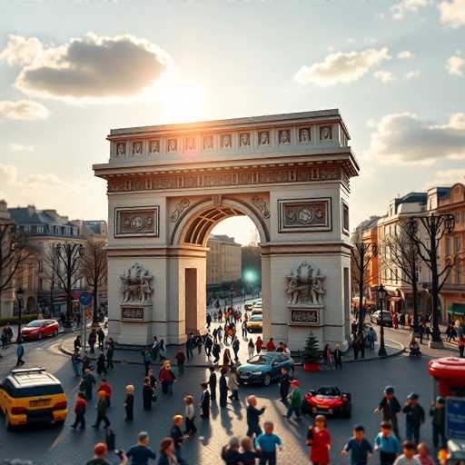 This image depicts a bustling city street scene, likely in Paris, characterized by its cobblestone roads and historic architecture. Dominating the center of the image is an ancient stone archway, possibly the Arc de Triomphe, with intricate carvings and statues adorning its structure. The archway stands prominently, flanked by buildings on either side, and serves as a focal point for the activity below.

The street is alive with numerous people, some of whom appear to be digitally rendered or toy-like figures, suggesting the image might be AI-generated. These figures are scattered across the cobblestone road, some walking towards the camera while others move away, creating a dynamic sense of movement. The scene is further animated by the presence of various vehicles, including a yellow taxi, a red sports car, and a blue sedan, all navigating the roundabout beneath the archway.

The sky above is a clear blue, dotted with a few clouds, and the sun casts a warm glow over the entire scene, enhancing the vibrant colors of the buildings and the lively atmosphere. The overall composition captures the essence of a historic yet modern city street, blending ancient architecture with contemporary life.