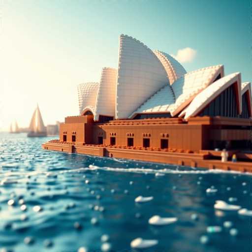 This image showcases a detailed Lego model of the Sydney Opera House, meticulously constructed with a variety of Lego bricks. The iconic white sail-like roofs are represented using white Lego pieces, while the base of the building is constructed with brown bricks. The model is situated on a platform that appears to be made of brown Lego bricks as well. In the foreground, there is a representation of water, depicted with blue Lego bricks, and small white Lego pieces that resemble waves. To the left of the Opera House, a sailboat is visible, adding to the maritime scene. The background features a clear blue sky with a single white cloud, enhancing the overall realism of the setting.