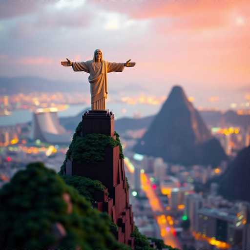 A striking statue of Jesus Christ stands majestically atop a towering mountain, overlooking a sprawling cityscape below. The statue, crafted from a material that appears to be either bronze or gold, gleams in the light, with its arms outstretched in a gesture of blessing. The figure is adorned in a flowing robe that cascades down to its feet, and a serene expression graces its face. The mountain itself is lush with greenery, adding to the natural beauty of the scene.

In the background, the city is a tapestry of twinkling lights, with numerous buildings and roads illuminated in a warm yellow hue. A river meanders through the urban landscape, crossed by a prominent bridge that stands out among the city's infrastructure. The sky above is a mesmerizing blend of pink and blue, suggesting the tranquil moments of either sunrise or sunset, with soft clouds adding texture to the serene atmosphere.
