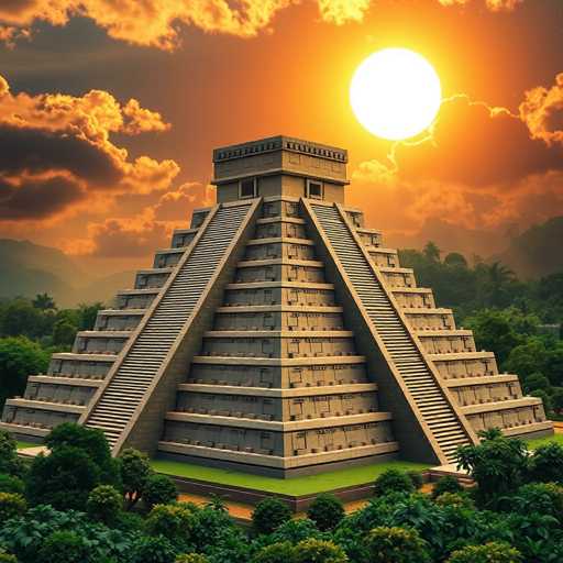 This image depicts a detailed, computer-generated rendering of a Mayan pyramid. The pyramid is constructed from gray stone and features a distinctive stepped design, with each tier becoming progressively smaller as it ascends. The structure is composed of approximately 10 to 12 levels, culminating in a flat, square top. Flanking the pyramid on both sides are steep staircases that lead directly to the summit. The base of the pyramid is surrounded by lush green grass and a variety of trees, creating a natural, serene environment. In the background, a dense forest stretches out, adding depth to the scene. The sky above is a vibrant orange, suggesting either a sunrise or sunset, with the sun positioned just above the pyramid's top. The sun appears as a bright, white orb, casting a warm glow over the entire landscape.