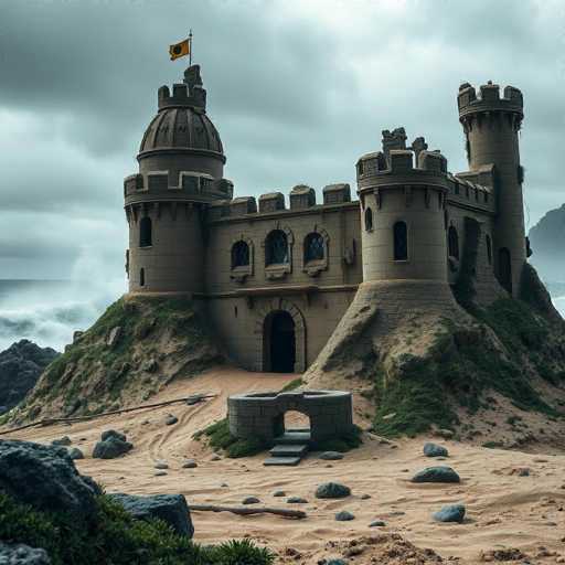 A stunning, AI-generated image depicts a majestic castle perched on a rugged, rocky outcrop. The scene is set against a backdrop of a vast, stormy ocean, with waves crashing dramatically against the base of the castle. The sky is overcast, filled with dark, brooding clouds, adding to the ominous atmosphere. The castle itself is constructed from light brown stone, featuring two prominent towers on either side, each crowned with a flag. The structure is adorned with numerous windows, and a grand, arched doorway serves as the main entrance. The castle is surrounded by a sandy terrain interspersed with large, dark gray boulders and patches of green grass. A small stone archway with steps leads up to the castle, enhancing its imposing presence. The overall composition of the image is highly detailed and realistic, showcasing the impressive architectural design of the castle and the wild, untamed beauty of its surroundings.