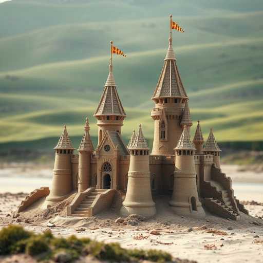 This image showcases a meticulously crafted sandcastle, resembling a grand medieval fortress. The structure features a series of towers, each adorned with conical roofs that culminate in pointed peaks. Atop these peaks, vibrant flags flutter in the breeze, adding a touch of color and movement to the scene. The sandcastle is built on a sandy foundation, with a small moat-like area surrounding its base, enhancing its fortress-like appearance. In the background, a serene landscape of rolling green hills stretches out, providing a picturesque backdrop to this impressive sandcastle creation.