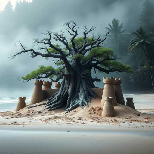 This image depicts a surreal, AI-generated scene of a beach with a large, ancient tree at its center. The tree, with its thick trunk and gnarled branches, appears to be emerging from a mound of sand. Surrounding the tree are several tan-colored, castle-like structures, resembling small towers or turrets, which seem to be made of sand or clay. These structures are scattered around the base of the tree, giving the impression of a miniature fortress or castle. The beach itself is sandy, with water lapping at the shore, and the background features a misty, foggy atmosphere. Palm trees can be seen in the distance, adding to the tropical ambiance. The overall color palette of the image is muted, with shades of gray, tan, and green, enhancing the dreamlike quality of the scene.