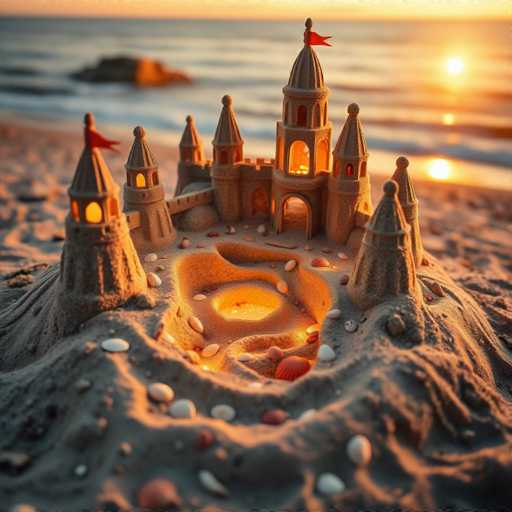 A meticulously crafted sandcastle stands proudly on a beach, bathed in the warm hues of a setting sun. The castle features a grand central keep flanked by four smaller turrets, each adorned with vibrant red flags fluttering atop. A drawbridge spans a moat, leading to the imposing entrance of the keep. The entire structure is illuminated from within, casting a golden glow that enhances its majestic appearance. Surrounding the castle, the beach is scattered with an assortment of seashells and smooth rocks, adding to the natural beauty of the scene. In the background, the ocean stretches out, with waves gently lapping against the shore and a large rock formation rising from the water. The sun, positioned low on the horizon, casts long shadows across the landscape, creating a serene and picturesque moment.