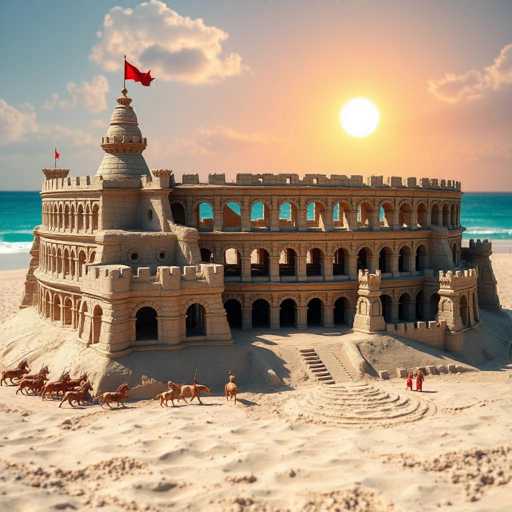 A meticulously crafted sandcastle stands proudly on a pristine beach, its intricate design capturing the essence of ancient architecture. The structure features a grand staircase leading up to a circular base adorned with numerous arches. Above this, a second tier mirrors the first, also lined with arches, and is topped by a smaller circular section. Crowning the sandcastle is a tall tower, proudly displaying two red flags. Surrounding the base of the sandcastle, several horses are positioned, adding a sense of grandeur and movement to the scene. In the background, the serene ocean stretches out, meeting the sky at a horizon where the sun is either rising or setting, casting a warm glow over the entire scene.