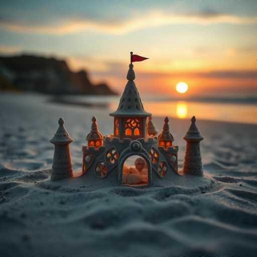 A delicate, lace-like sandcastle sits on a deserted beach at sunset. The castle's intricate details are illuminated by warm, golden light, contrasting with the soft, orange hues of the sky. The sandcastle's structure is detailed with sculpted towers and crenellations, creating a whimsical, almost ethereal feel. The overall style is dreamlike and serene, with a hyper-realistic, close-up perspective emphasizing the texture of the sand.