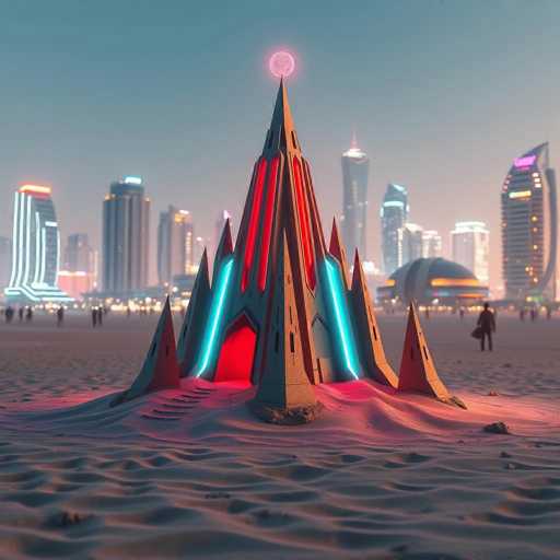 The image features a unique structure resembling a castle or a temple, situated on the beach. The building is illuminated with neon lights and has a red roof that stands out against the dark sky. It appears to be an art installation designed for people to enjoy in the sand.

In the background, there are several buildings visible, indicating that this scene takes place near a city or urban area. A group of people can be seen walking around the beach and observing the intriguing structure. Some individuals appear closer to the building while others are further away, giving a sense of depth to the image.