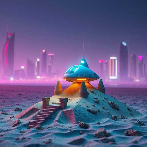 The image depicts a futuristic, computer-generated scene featuring a silver UFO-like spaceship with a glass dome and an antenna, resting on a small mound of sand. The spaceship is illuminated by a yellow light underneath, casting a warm glow on the surrounding sand. A set of stairs leads up to the UFO, which is surrounded by four cone-shaped structures. The background showcases a city skyline with tall, illuminated skyscrapers, some adorned with pink and blue lights, creating a vibrant, otherworldly atmosphere. The sky above is a gradient of dark blue and purple, adding to the surreal, sci-fi ambiance of the scene.