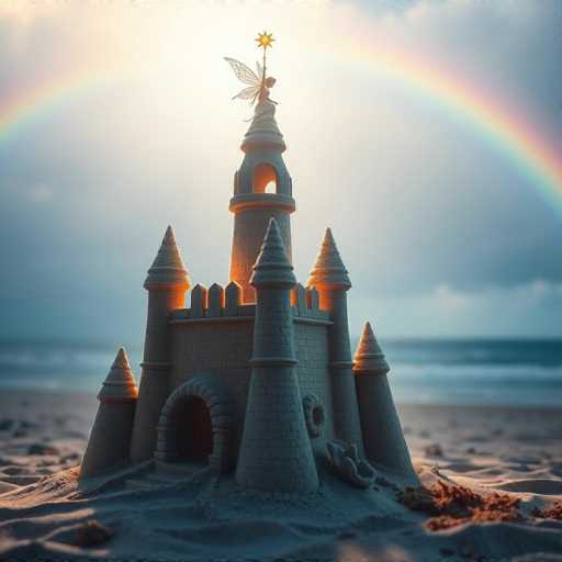 A whimsical sandcastle stands proudly on a sandy beach, its intricate design capturing the essence of a fairy tale. The castle features a grand arched entrance, flanked by four towering turrets, each adorned with pointed roofs. At the center of the structure rises a majestic central tower, topped with a fairy princess. She holds a golden rod with a radiant star at its tip, her delicate wings spread wide as she gazes out over the ocean. The scene is bathed in the soft light of either sunrise or sunset, with the sky painted in hues of blue and pink. A vibrant rainbow arches across the sky, adding a touch of magic to the already enchanting landscape. The ocean waves gently lap at the shore, completing this picturesque and dreamlike moment.