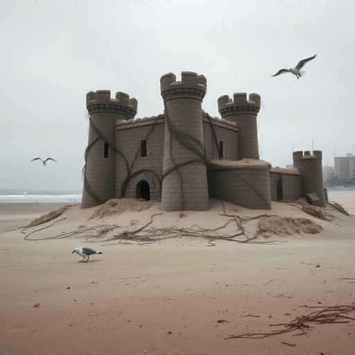 A sandcastle, a whimsical creation of sculpted sand with towering turrets and a textured wall, sits on a deserted beach under a muted, overcast sky. A few seagulls circle overhead, their silhouettes stark against the pale backdrop, while a lone seagull cautiously approaches the sandcastle. The overall scene evokes a sense of quiet solitude and nostalgic beauty, captured with a high-contrast, hyper-realistic aesthetic.