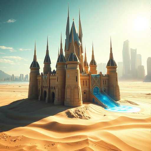 This image showcases a stunning, computer-generated castle set against a desert landscape. The castle, reminiscent of Disney's iconic design, features a grand entrance flanked by four imposing towers. Each tower is topped with a pointed, blue roof, adding a touch of elegance to the structure. The castle's walls are constructed from light brown bricks, giving it a warm, earthy appearance.

In the foreground, a striking blue staircase leads directly into the castle, creating a vivid contrast against the sandy surroundings. The staircase is bordered by a circular pool of water, enhancing the magical atmosphere of the scene.

The background reveals a bustling cityscape with tall buildings stretching into the distance, suggesting a modern metropolis beyond the castle. To the left, a body of water glimmers, adding to the picturesque quality of the setting. The sky above is a clear blue, dotted with a few wispy clouds, completing this enchanting and detailed depiction of a fairy tale castle in a modern world.