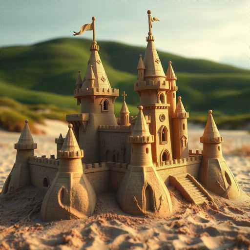 A majestic sandcastle, sculpted with intricate details reminiscent of a fairytale castle, dominates the foreground. Built on a soft, sandy beach, it's set against a backdrop of rolling green hills under a hazy sky. The scene is rendered with hyper-realistic detail, showcasing the texture of the sand and the delicate carvings on the castle's turrets. The overall lighting is soft and ethereal, creating a dreamlike atmosphere.