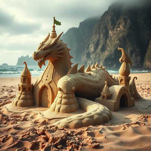 This image showcases an intricately detailed sandcastle set on a beach, featuring a majestic dragon as its centerpiece. The dragon, with its mouth open and teeth bared, is positioned centrally, with its tail curling around the base of the sandcastle. The structure is adorned with three towers, each topped with a flag, and a series of archways that add to its grandeur. The sand around the castle is meticulously raked, creating a textured surface that contrasts with the smooth, detailed sandcastle. In the background, a large mountain rises, partially shrouded in clouds, with the ocean and waves crashing against the shore visible to the left. The scene is bathed in sunlight, casting a warm glow over the entire composition.