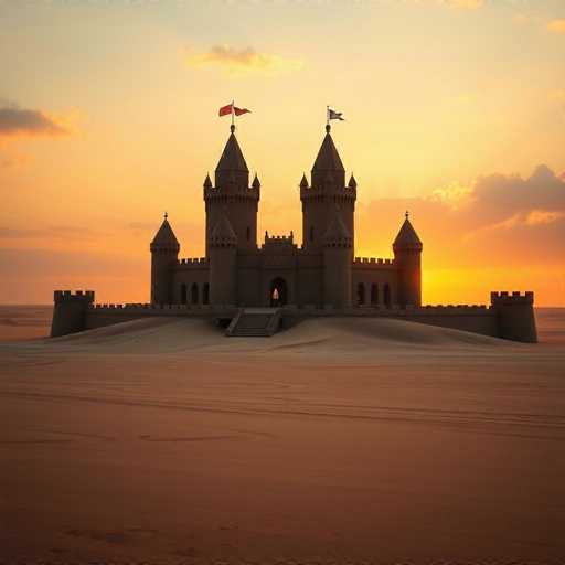 A majestic castle stands prominently in the middle of a vast desert, its silhouette stark against the setting sun. The sky is a breathtaking gradient of orange and yellow hues, with wispy clouds adding texture to the scene. The castle, constructed from gray stone, features a grand central archway flanked by two towering spires, each adorned with fluttering flags—one red and one blue. Smaller spires and turrets dot the structure, adding to its intricate design. A long staircase leads up to the imposing entrance, emphasizing the castle's grandeur. The foreground is a smooth expanse of sand, devoid of any vegetation, highlighting the castle's solitary presence in this barren landscape.