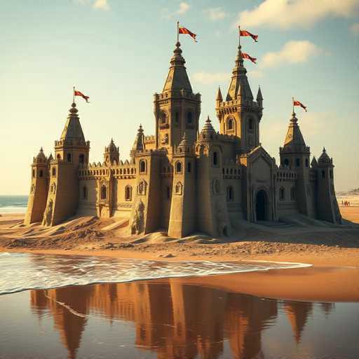 The image features a large sand castle on the beach, with three towers and flags fluttering in the breeze. The castle is situated near the water's edge, where waves can be seen crashing onto the shoreline. In addition to the sand castle, there are two people visible in the scene, possibly enjoying their time at the beach or admiring the impressive structure.