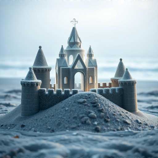 A meticulously crafted sandcastle stands as the centerpiece of this beach scene. The structure features a prominent central tower with a cross adorning its peak, flanked by four smaller towers, each crowned with pointed roofs. The sandcastle is built on a mound of sand, surrounded by the gentle lapping of waves. The entire scene is bathed in a bluish-gray hue, giving it a serene and slightly surreal atmosphere. The intricate details of the sandcastle, from its carefully sculpted walls to its delicate windows, contrast beautifully with the soft, blurred background of the ocean and sky.