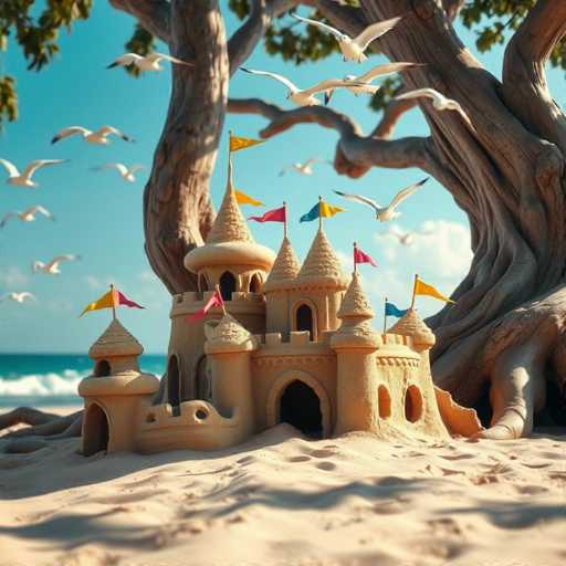 A stunning AI-generated image showcases a majestic sandcastle set against a serene beach backdrop. The sandcastle, meticulously crafted, features a grand central tower flanked by two smaller towers on either side. Each tower is adorned with vibrant flags in hues of yellow, red, blue, and pink, fluttering proudly atop the peaks. The castle's design is intricate, with a variety of flags and turrets adding to its regal appearance. The base of the sandcastle is surrounded by pristine white sand, creating a striking contrast with the structure. In the background, a large tree with sprawling branches and lush green leaves provides a natural canopy. The sky above is a brilliant blue, dotted with fluffy white clouds, and numerous seagulls soar gracefully overhead. The ocean waves gently lap at the shore, completing this picturesque scene.