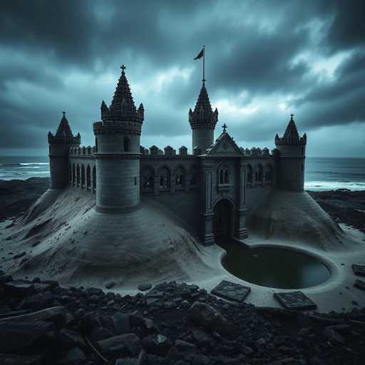 A hauntingly beautiful, AI-generated image depicts a grand, medieval-style castle perched on a rocky outcrop by the sea. The castle, rendered in shades of gray, features five prominent towers, each crowned with a cross. A flag flutters atop one of the towers, adding a touch of regal elegance to the scene. The structure is surrounded by a circular moat, enhancing its fortress-like appearance. The sky above is overcast with dark, brooding clouds, casting a somber mood over the entire landscape. The castle's intricate details and imposing presence create a captivating and mysterious atmosphere, making it a truly mesmerizing sight.