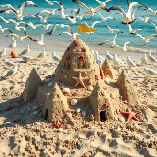 The image features a sandy beach scene with a sandcastle as the main attraction. The sandcastle is adorned with various shells and starfish, giving it an authentic beachy appearance. Surrounding the sandcastle are numerous seagulls flying in the sky, adding to the lively atmosphere of the scene. Some birds can be seen closer to the castle while others fly further away, creating a sense of depth and movement within the image.