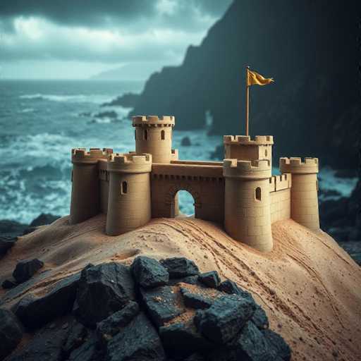A meticulously crafted sandcastle stands proudly on a small, sandy hill, surrounded by the vast expanse of the ocean. The sandcastle features a grand central archway flanked by four cylindrical turrets, each adorned with a jagged, tooth-like edge at the top. The tallest turret, positioned at the back, proudly waves a golden flag atop a long pole. The scene is set against a backdrop of dark, ominous clouds that loom over the ocean, adding a dramatic contrast to the light brown sand and the golden flag. The entire structure appears to be constructed from fine, tan-colored sand, with a few black rocks scattered in the foreground, enhancing the texture and depth of the scene.