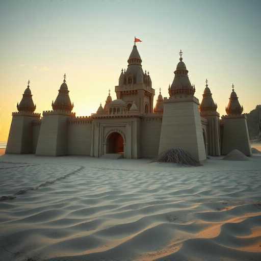 A stunning AI-generated image depicts a majestic castle set against a serene beach at sunset. The castle, constructed from light-colored stone, features a grand entrance with a large arched doorway flanked by two imposing columns. Above the entrance, a smaller arched window adds to the architectural charm. The castle's roof is adorned with numerous spires, each crowned with a cross, and a prominent red flag flutters atop the tallest spire. The beach in the foreground is smooth and undisturbed, with gentle ripples in the sand leading the eye towards the castle. The sky is a breathtaking gradient of orange and blue, with the sun setting behind the castle, casting a warm glow over the scene. To the right of the castle, a small pile of sticks or twigs adds a touch of natural detail to the otherwise pristine landscape.