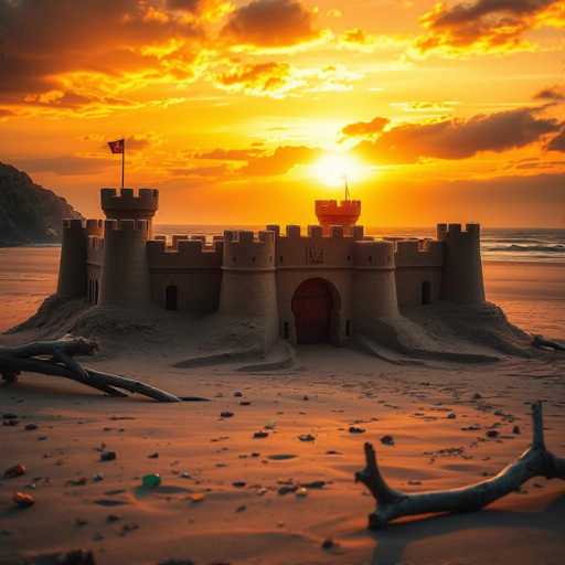 A stunning AI-generated image captures a serene beach scene at sunset. The sky is ablaze with vibrant hues of orange and yellow, casting a warm glow over the landscape. The sun, partially obscured by clouds, sits just above the horizon, creating a dramatic backdrop. In the foreground, a meticulously crafted sandcastle stands proudly, its intricate details suggesting the work of a skilled artist. The sandcastle features a prominent wooden door at its center, flanked by two turrets on either side. A flag flutters atop the left turret, while another flag is positioned at the top of the sandcastle itself. The beach is scattered with natural elements, including driftwood and various pieces of debris, adding to the scene's authenticity. The water in the background is gently lapping at the shore, completing this picturesque and tranquil moment.