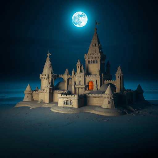 This image showcases a meticulously crafted sandcastle, resembling a grand medieval fortress. The structure features a prominent drawbridge and an imposing orange door at its center. The sandcastle is adorned with numerous spires, each crowned with flags, adding to its regal appearance. The entire scene is bathed in the soft, ethereal light of a full moon, which casts a gentle glow over the sandcastle and its surroundings. The backdrop is a deep, dark blue, enhancing the mystical ambiance of the nighttime setting.