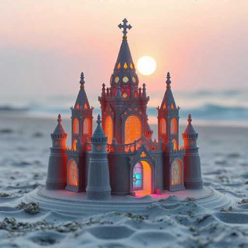 A captivating image showcases a meticulously crafted sandcastle, illuminated from within by a warm, orange glow. The sandcastle, positioned on a pristine beach, features intricate details with numerous windows and turrets, and is adorned with a cross at its pinnacle. The beach sand around the castle is smooth, with only a few scattered rocks visible. In the background, the ocean waves gently roll towards the shore, and the sun is setting, casting a pinkish hue across the sky. The sandcastle's windows are beautifully designed with various patterns, including circular and triangular shapes, adding to the overall charm of this enchanting scene.
