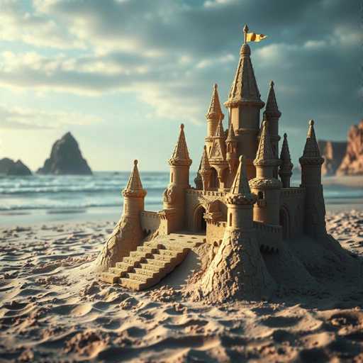 The image features a sand castle on the beach, which is made of sand and has multiple towers. The castle appears to be quite large and impressive in size. It's situated near the ocean, with the waves crashing onto the shoreline. In the background, there are rocks visible along the coastline, adding to the picturesque scenery.