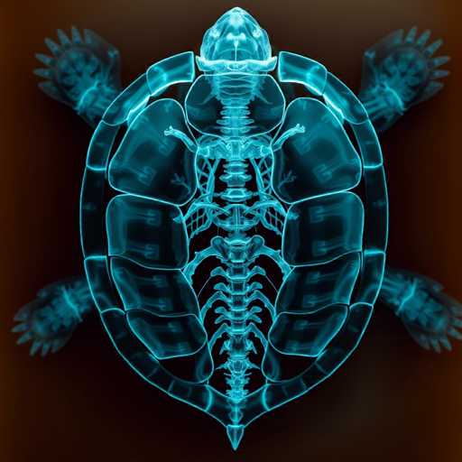 This image features a detailed, computer-generated x-ray of a sea turtle. The x-ray reveals the intricate skeletal structure of the turtle, including its spine, ribs, and even the bones within its flippers and shell. The entire x-ray is rendered in a striking blue color, which contrasts sharply against the black background. The sea turtle's head is positioned at the top of the image, with its tail pointing downward. The flippers are splayed out to the sides, giving the impression that the turtle is in a dynamic pose. The shell is visible, but its outer covering is not, emphasizing the internal skeletal details. The overall composition creates a visually captivating and informative depiction of the sea turtle's anatomy.