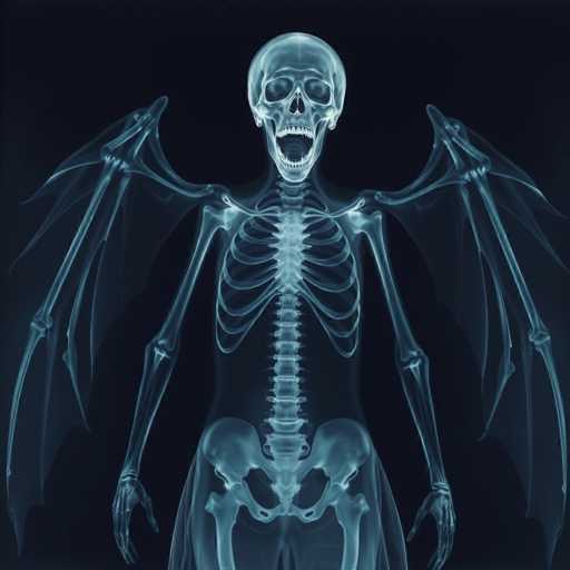 The image features a skeleton of a human body with wings, giving the impression that it is a bat. The bones are clearly visible and provide a detailed view of the person's skeletal structure. The skull can be seen prominently in the center of the image, along with the rib cage and other bones surrounding it. The wings appear to be attached to the skeleton by some sort of mechanism or joint, adding an interesting visual element to the scene.